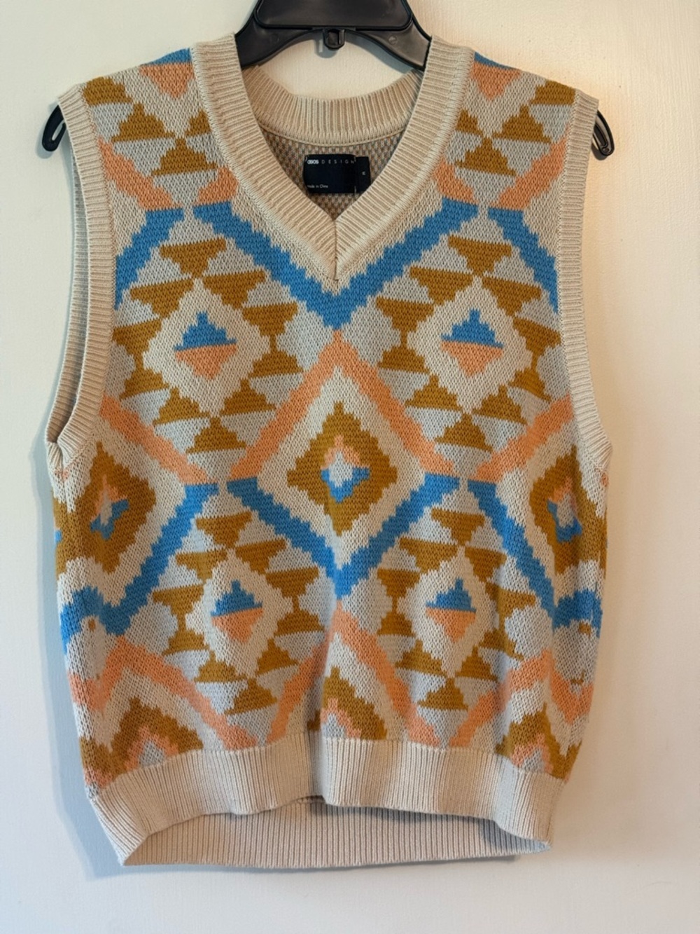 Geometric Knit Sweater Vest in Cream, Blue & Mustard